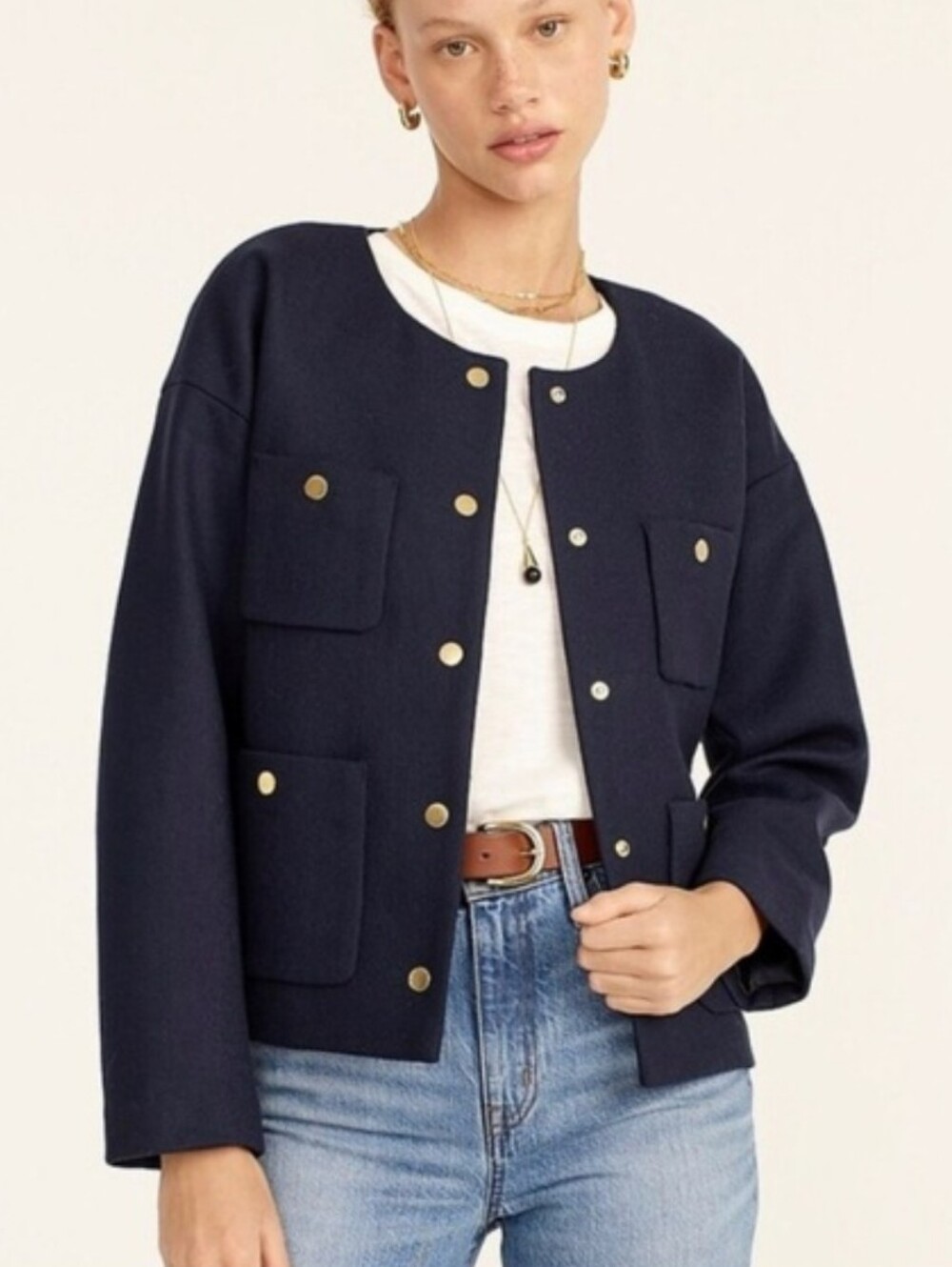 J.Crew Relaxed Lady Jacket in Double-Serge 100% Wool, Navy Blue, Size 10